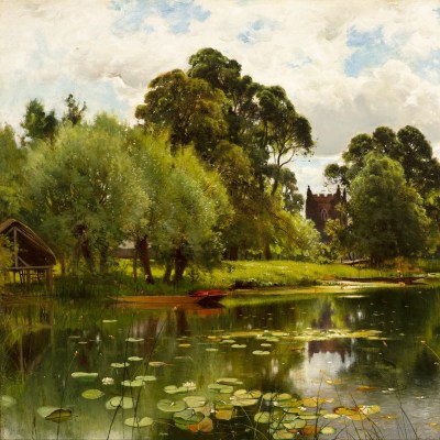 A bucolic view of the Thames River with lily pads, rowboats and a church in the distance by Ernest Parton (1845–1933), oil on canvas, 24 x 36 in., signed and dated 1888 (detail)