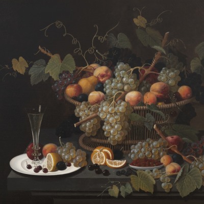 Severin Roesen (1816–c. 1872). Still Life with Champagne and Fruit, 1851. Oil on canvas, 35 3/8 x 45 in. (detail)