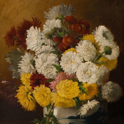 Claude Raguet Hirst (1855–1942) Chrysanthemums in a Canton Vase, c. 1886. Oil on canvas. 16 x 12 in. (detail)