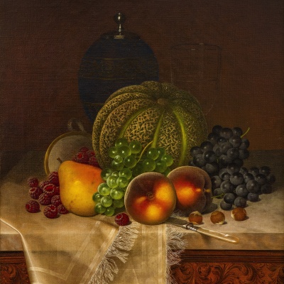 William Mason Brown (1828–1898), Still Life with Fruits, Samovar and Teacup, c. 1875, oil on canvas, 20 x 16 in. (detail)