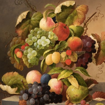 An opulent still life of grapes, pears, apples and plums by Charles Baum (1812–1877), oil on canvas, 30 x 25 in. (detail)