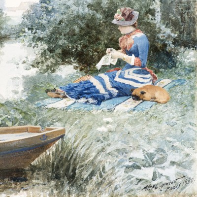 William H. Lippincott (1849–1920)  En attendant (Waiting), 1880. Watercolor on paper. 10 1/2 x 8 1/2 in. (detail)