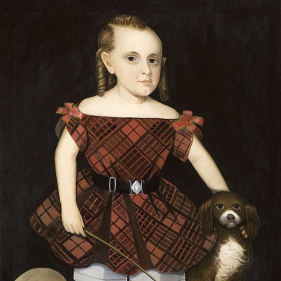Ammi Phillips (1788–1865), Portrait of a Child in a Plaid Dress with a Dog, oil on canvas, 37 1/2 x 28 1/4 in.