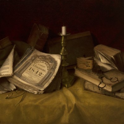 Jefferson David Chalfant (1856–1931), The Old Almanac, 1886, oil on canvas, 17 1/2 x 25 5/8 in. (detail)