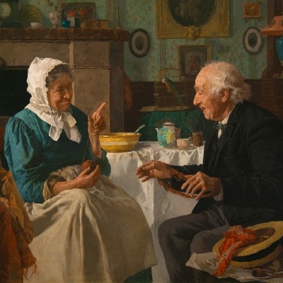 Louis Charles Moeller (1855–1930), Spinning Yarns, c. 1890, oil on canvas, 18 x 24 in. (detail)