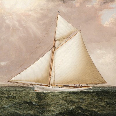 James E. Buttersworth (1817–1894), A Gaff Rigged Racing Cutter, c. 1893, oil on canvas, 12 x 20 in. (detail)