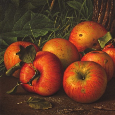 Levi Wells Prentice (1851–1935), Apples by a Tree, c. 1885, oil on canvas, 10 x 18 in. (detail)