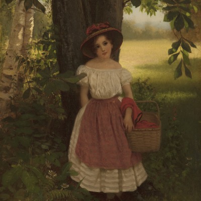 John George Brown (1831–1913)  The Berry Picker, 1864. Oil on canvas. 14 13/16 x 10 in. (detail). A young girl wearing a white dress and apron resting under a tree.