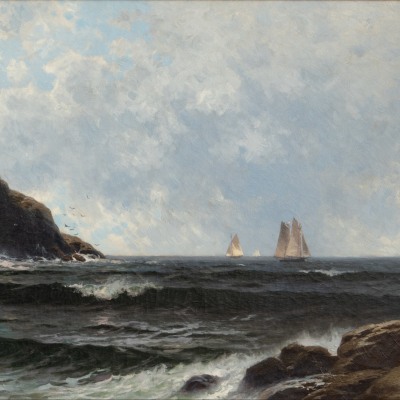 Alfred Thompson Bricher (1837–1908)  Rocky Coast at Grand Manan, c. 1880.  Oil on canvas, 18 x 38 in. (detail)