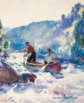 Cover of a catalogue titled An American Vision III. Cover illustration is a watercolor of two men in a canoe by Frank Benson.