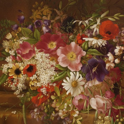 Adelheid Dietrich (1827–1891), Still Life with Flowers, 1869, oil on board, 13 3/4 x 17 in. (detail)
