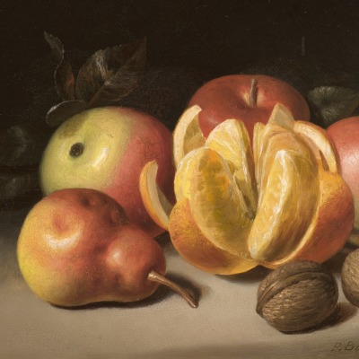 Peter Baumgras (1827–1903), Still Life: Apples, Orange, Pear and Nuts, c. 1860, 8 x 10 in. (detail)
