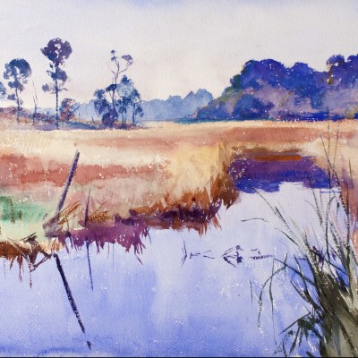 Colorful watercolor by Frank W. Benson of a river in Alabama (detail).