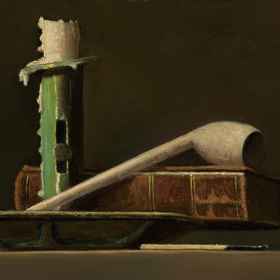 John F. Peto (1854–1907), Still Life with Green Candlestick and Book, c. 1890, oil on panel, 6 x 9 in. (detail)