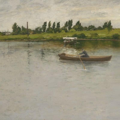 William Merritt Chase (1849–1916), Pulling for Shore, c. 1886, oil on panel, 17 3/4 x 30 in. (detail), woman rowing on a lake