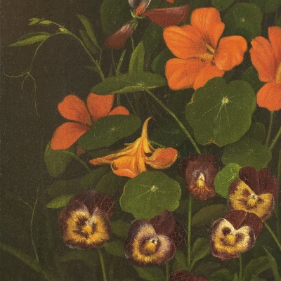 Levi Wells Prentice (1851–1935)  Pansies and Nasturtiums, c. 1890, oil on canvas, 11 1/2 x 6 1/2 in. (detail)