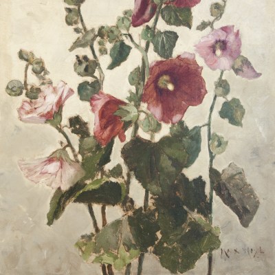 Max Weyl (1837–1914), Hollyhocks, c. 1881, oil on canvas, 21 1/4 x 15 in. (detail)