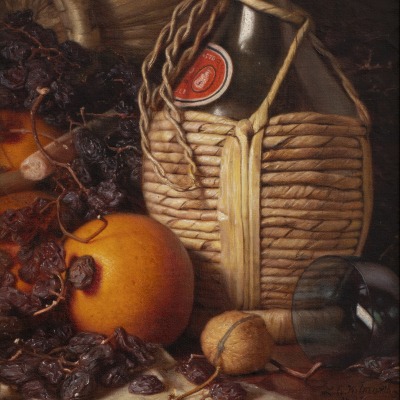 Lemuel E. Wilmarth (1835–1918). Wine Bottles, Walnut, Oranges and Raisones, 1892. Oil on canvas laid down on panel, 13 x 9 in. (detail)