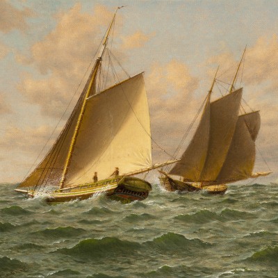 William M. Davis (1829–1920), Schooners at Sea: A Close Shave, oil on canvasboard, 12 x 14 in.