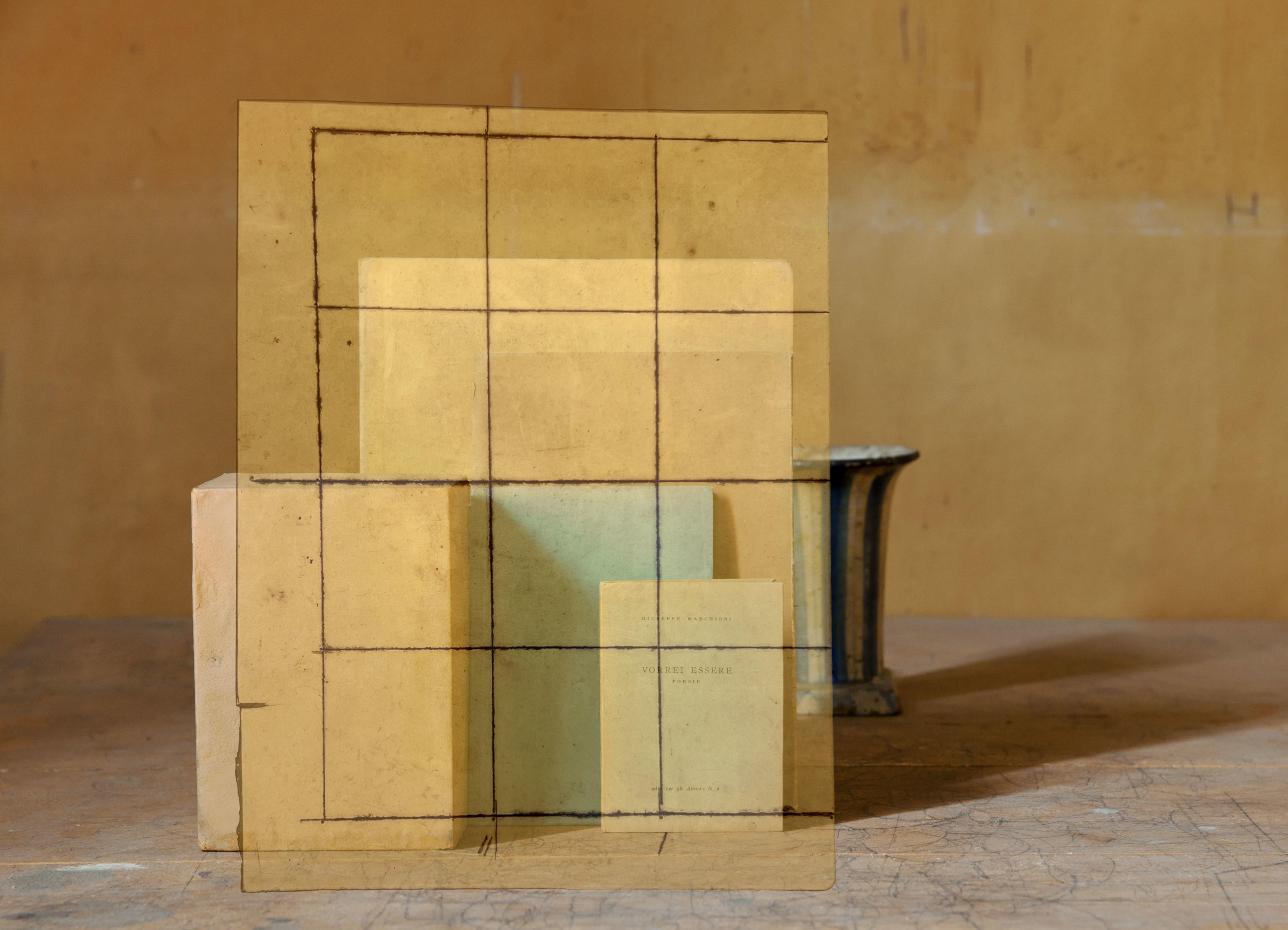 Mary Ellen Bartley,&nbsp;Celluloid Blue Striped Vase, 2022, from the series Morandi&rsquo;s Books.&nbsp;Archival pigment print, image: 13 x 18 inches, paper: 17 x 22 inches.