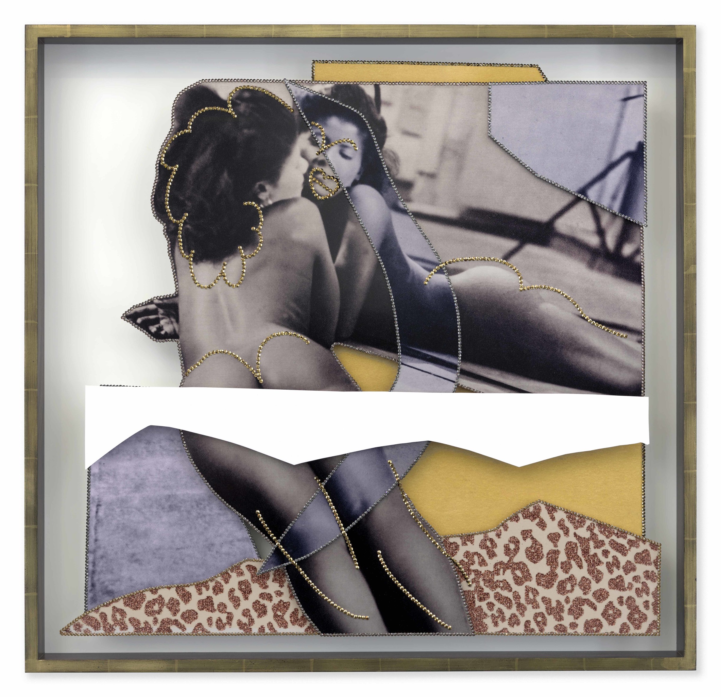 Mickalene Thomas, NUS Exotiques #5, 2023. Rhinestones on dye sublimation prints, 30 13/16 x 32 x 2 1/2 inches.