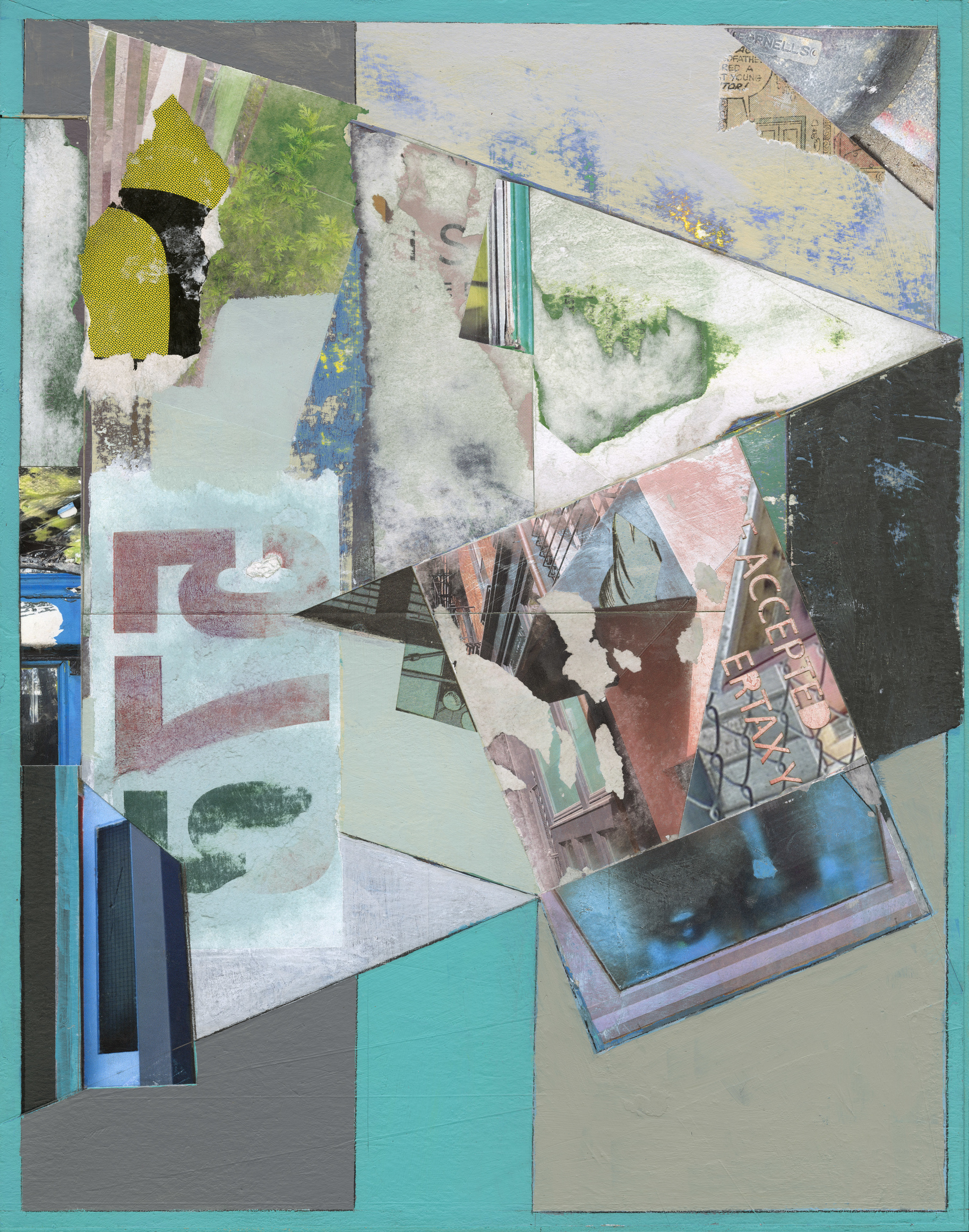 Mary Lum, 575, 2024. Acrylic, photo, colored pencil, found papers, collage on paper, 16 3/4 x 13 3/4 inches.