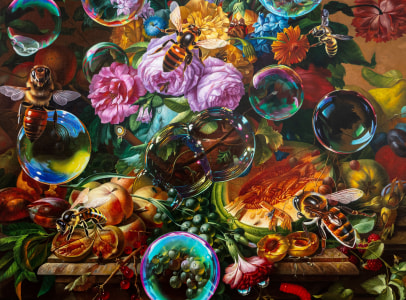 Bees and Iridescent Bubbles Infiltrate Still-Life Traditions in Marc Dennis’ Paintings