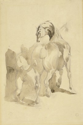 Théodore Géricault, A Stable Hand Grooming a Horse, c. 1814 Pencil, light brown wash on paper 11 3/8 x 8 5/8 inches