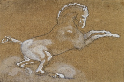 Théodore Géricault, Rearing Horse: Study for "The Race of the Barberi Horses," c. 1817 Black chalk with touches of white gouache on paper 4 x 5 1/4 inches