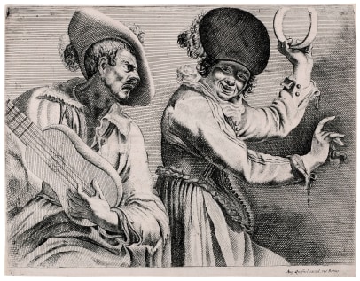 Two Musicians: A Man with a Guitar and a Woman Playing a Tambourine