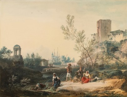 Villagers Frolicking on a Riverbank Entertained by a Bagpiper, a Port with Boats,  Men, a Church, and other Structures in the Background