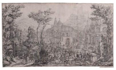 An Elaborate Landscape Capriccio with Figures by a Fountain, Palatial Buildings Behind