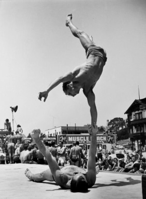 Larry Silver - Two Men Doing a Handstand, Muscle Beach, Santa Monica, 1954 Gelatin silver print, printed later | Bruce Silverstein Gallery