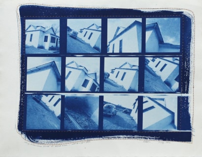 Keith A. Smith - Larry McPherson's House at Black Mesa - Albuquerque, 1970 Cyanotype with stitched paper border | Bruce Silverstein Gallery
