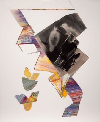 John Wood - Baby Loons and Bomb, 1987 Collage, gelatin silver print, crayon on paper&nbsp; | Bruce Silverstein Gallery