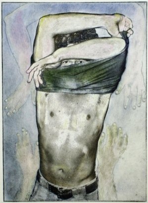 Keith A. Smith - Alan Undressing, 1977 Photo-etching with drypoint | Bruce Silverstein Gallery
