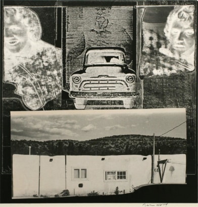 John Wood - Chevy and Adobe Building, 1960 Collage mounted to board | Bruce Silverstein Gallery