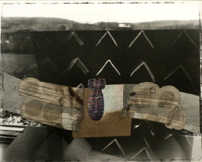 John Wood - Landscape with Bomb, 1985 Gelatin silver print with drawing collage mounted to board | Bruce Silverstein Gallery