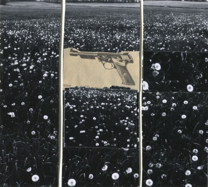 John Wood - Gun in Landscape: Daisies, 1965 Collage mounted to board | Bruce Silverstein Gallery