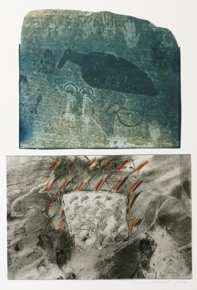 John Wood - Beach Drawing and Pictograph, 1988 Cyanotype, gelatin silver print, acrylic paint mounted to board | Bruce Silverstein Gallery