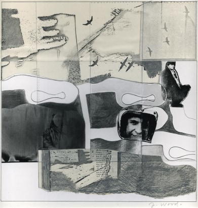 John Wood - Birds and Racer, c.1960s Collage, gelatin silver print mounted to board | Bruce Silverstein Gallery