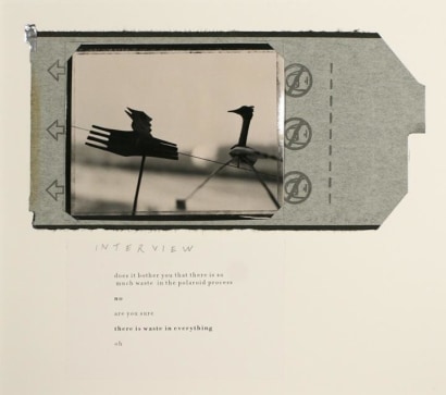 John Wood - Interview, 1999 Gelatin silver print with Polaroid wrapper collage and laser printed text | Bruce Silverstein Gallery