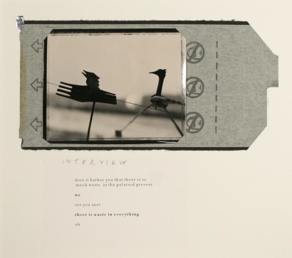 John Wood - Interview, 1999 Gelatin silver print with Polaroid wrapper collage and laser printed text on mat | Bruce Silverstein Gallery