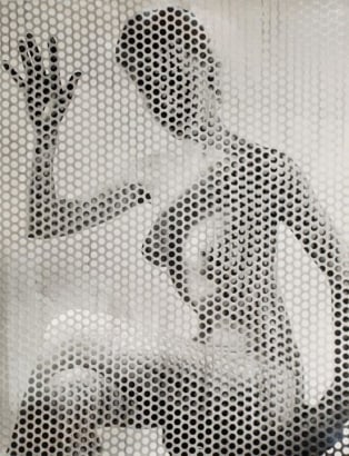 Erwin Blumenfeld - Nude Waving Behind Perforated Screen, c. 1955-57 Gelatin silver print, printed c. 1955-57 | Bruce Silverstein Gallery