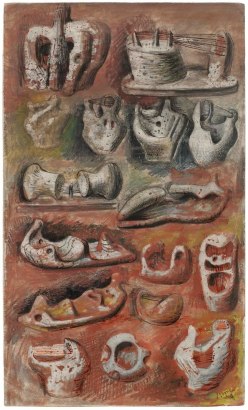 Henry Moore - Ideas for Sculpture, 1940 Crayon, pastel, pencil, chalk, watercolor, pen and India ink on woven paper | Bruce Silverstein Gallery