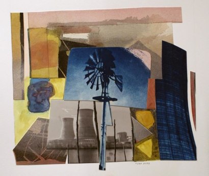 John Wood - Windmill and Cooling Towers, 2000 Cyanotype and watercolor collage | Bruce Silverstein Gallery