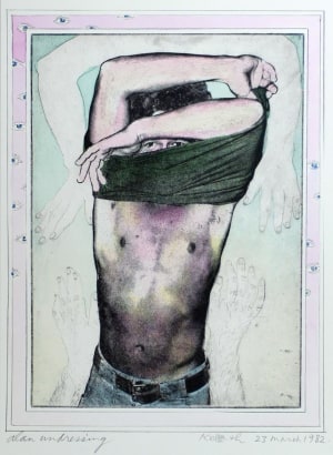 Keith A. Smith - Alan Undressing, 1982 Photo-etching with handcoloring | Bruce Silverstein Gallery