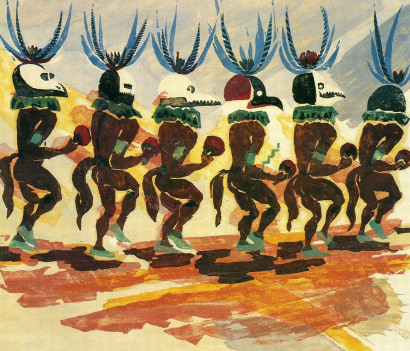 Barbara Morgan - Rain Dancers, 1931 Colored woodcut | Bruce Silverstein Gallery