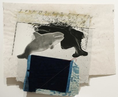 John Wood - Whale Tale, 1992 Gelatin silver print, cyanotype, paper pulp with stitching collage mounted to board | Bruce Silverstein Gallery