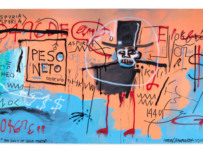 This is a full image of Basquiat's The Guilt of Gold Teet, 1982. It is an epic painting filled with the enigmatic words, signs and cyphers that occupy the very best examples of the artist’s work. 
